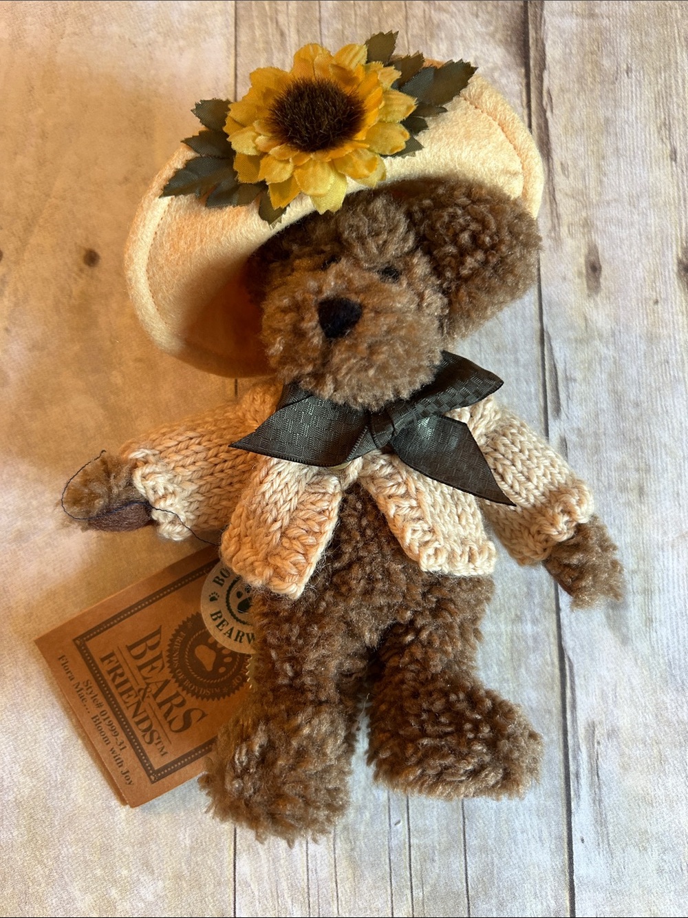 Boyds Bears Brown Teddy with Sunflower Hat and Cream Cardigan